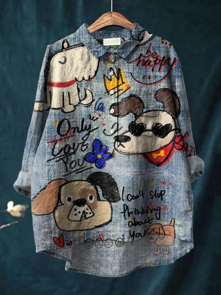 Impression d'art de chien mignon sur chemise en lin décontractée