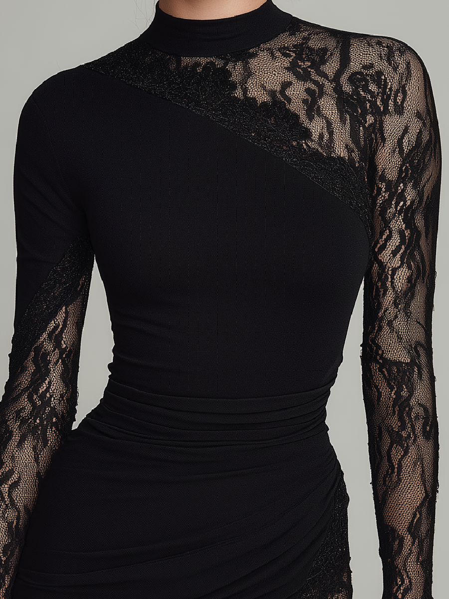 Robe Mini Longue à Manches en Tulle Asymétrique en Dentelle Noir avec Col Montant