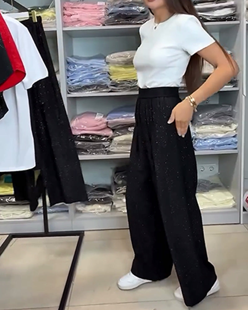 Pantalon large brillant taille haute élégant