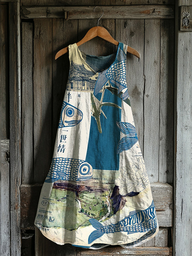 Robe Débardeur en Lin Patchwork de Poissons Japonais Vintage