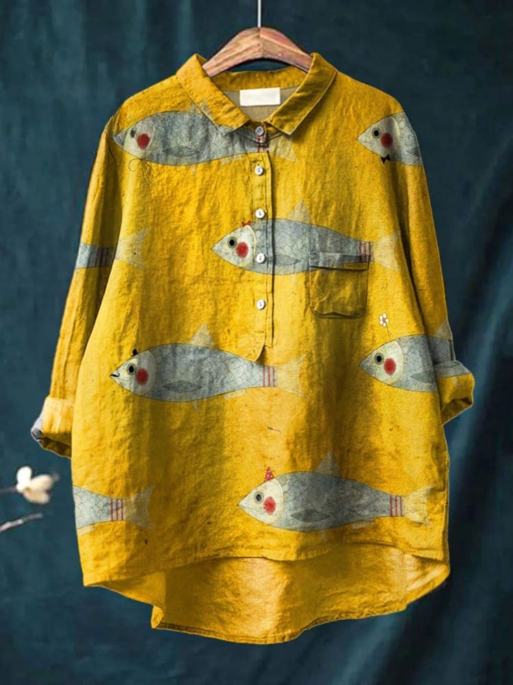 Chemise décontractée en lin avec impression vintage de poissons pour femmes
