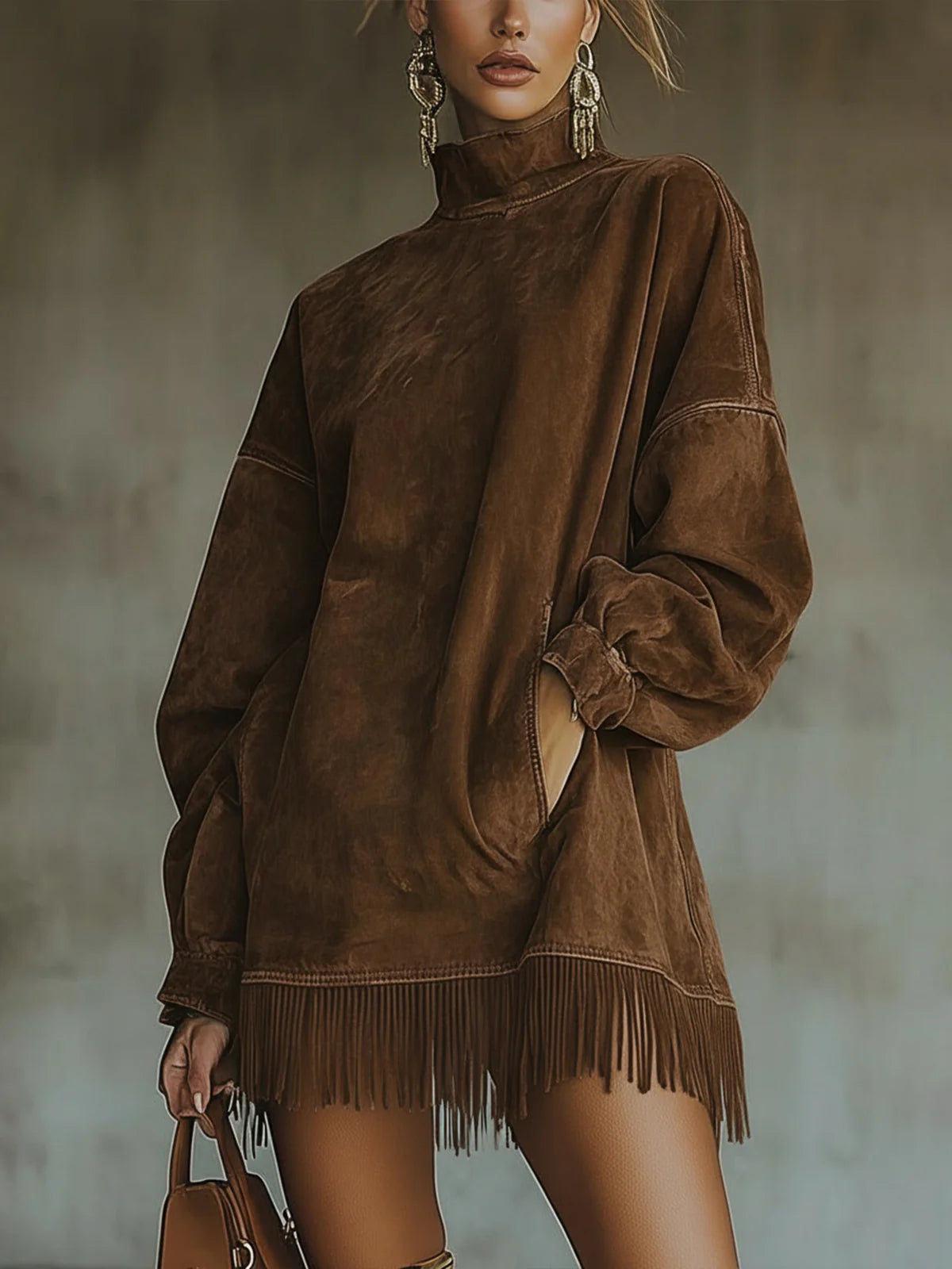 Darcie | Robe en Suède avec Franges et Col Roulé