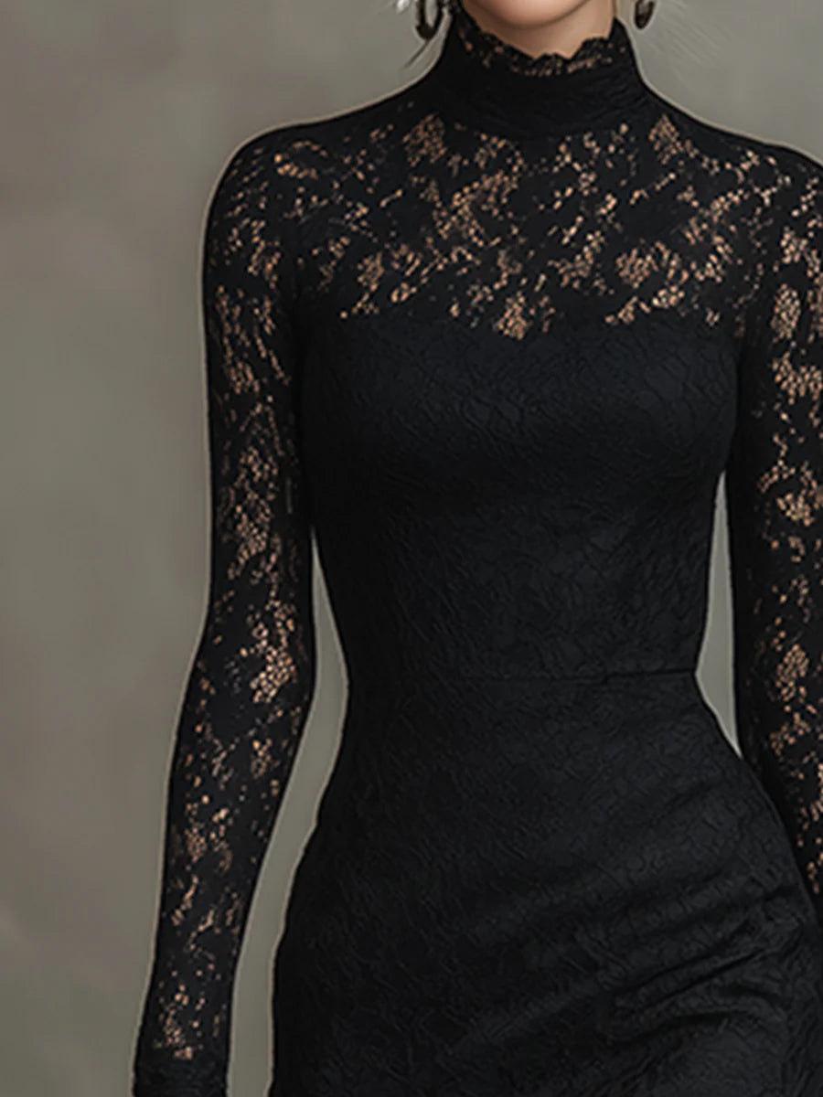 Robe Maxi Élegante en Dentelle Noire Élastique