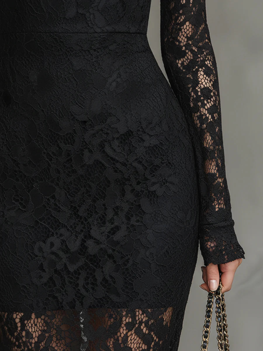 Robe Maxi Élegante en Dentelle Noire Élastique