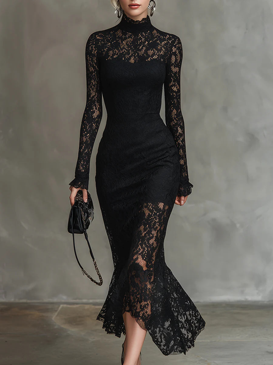Robe Maxi Élegante en Dentelle Noire Élastique