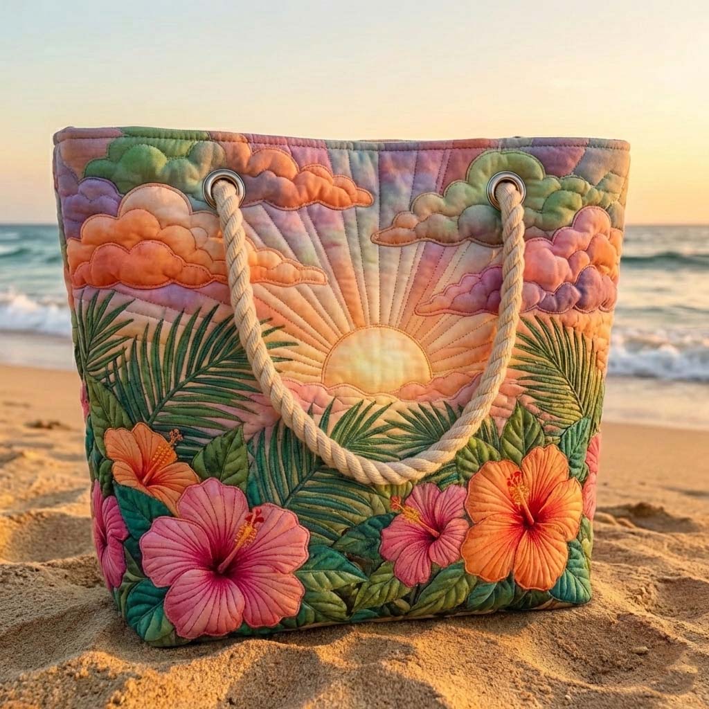 Sac de Plage Matelassé Tropical au Lever de Soleil