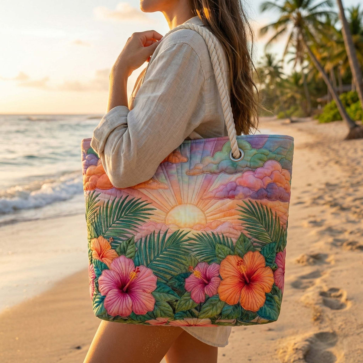 Sac de Plage Matelassé Tropical au Lever de Soleil