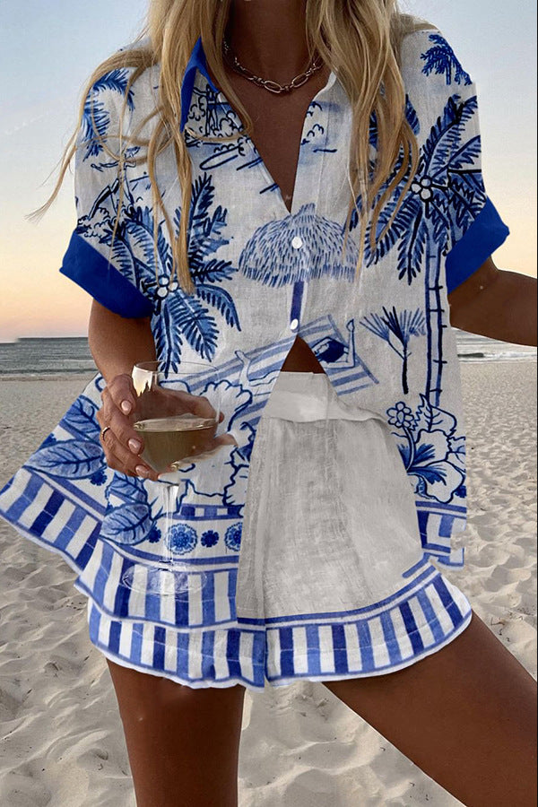 Zanika™ | Short Linen Set with Palm Print