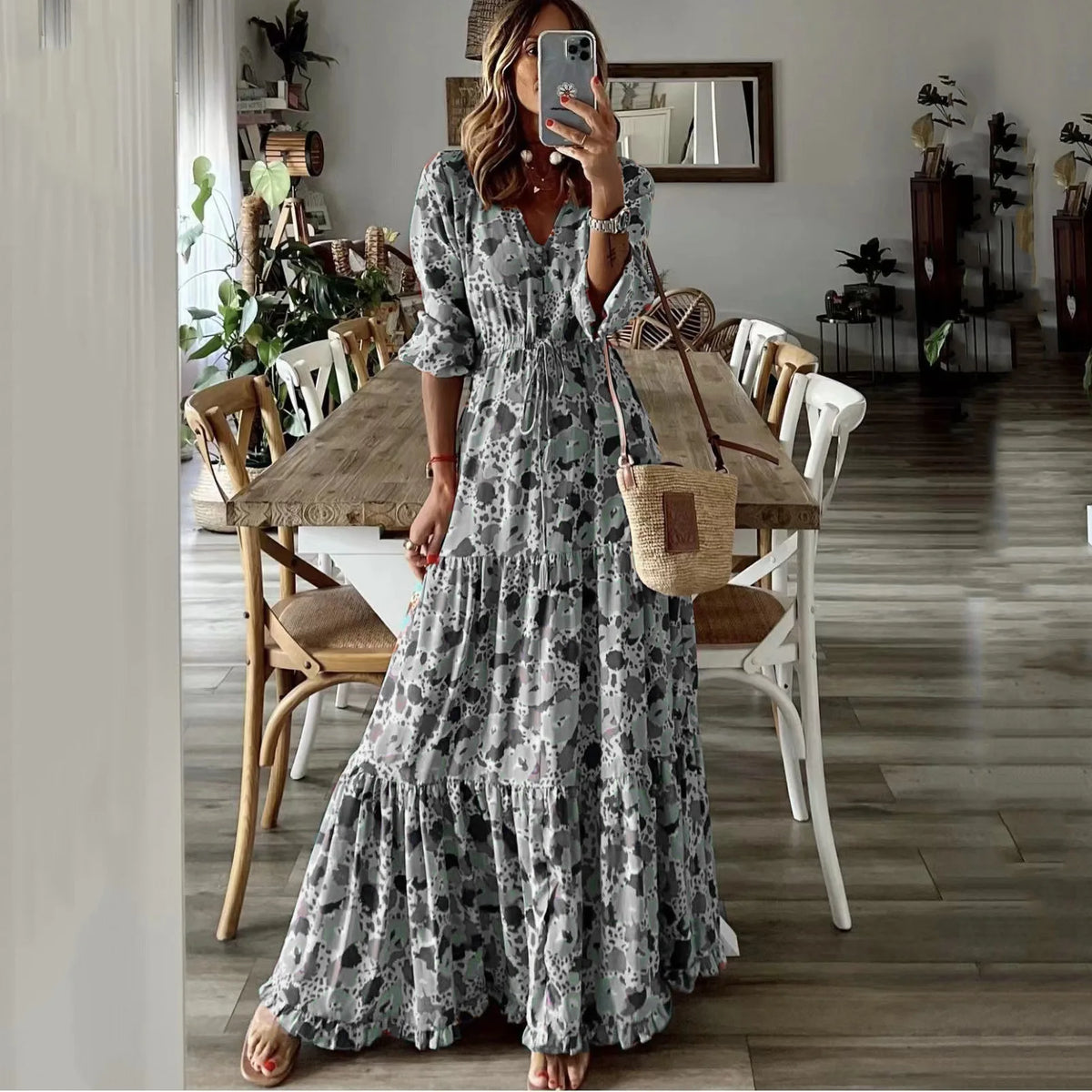 Liora | V-Neck Printed Swing Maxi Dress