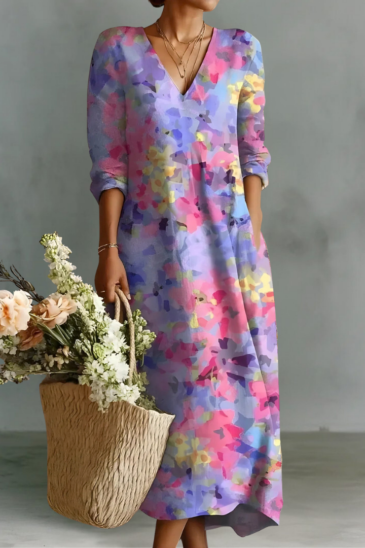 Kylie | Robe en Lin à Col V à Manches Longues