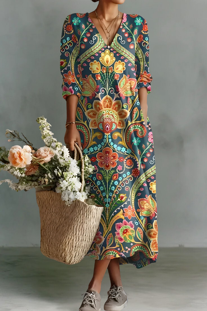 Megan | Linen V-Neck Long Sleeve Dress