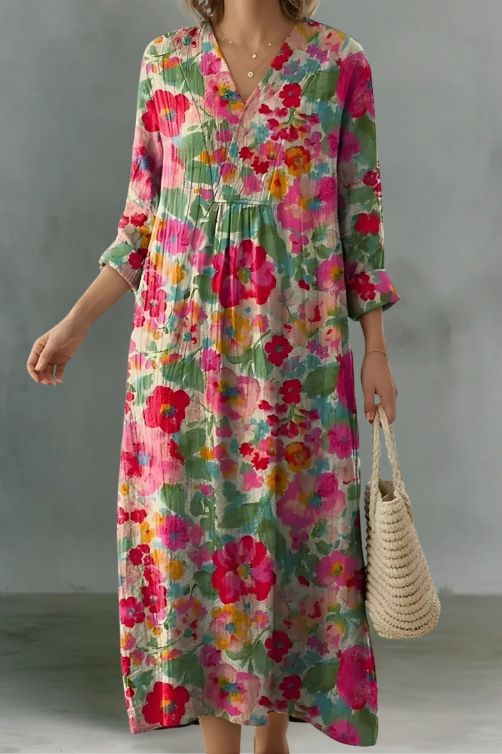 Ashley | Robe Longue à Manches Longues en Lin à Col V