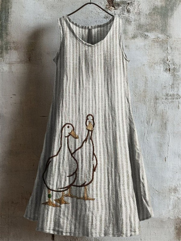 Robe Débardeur Rayée Brodée Charmante avec Canards