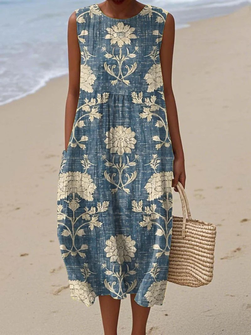 Robe à Manches Sans Épaules avec Motif Floral Vintage pour Femmes