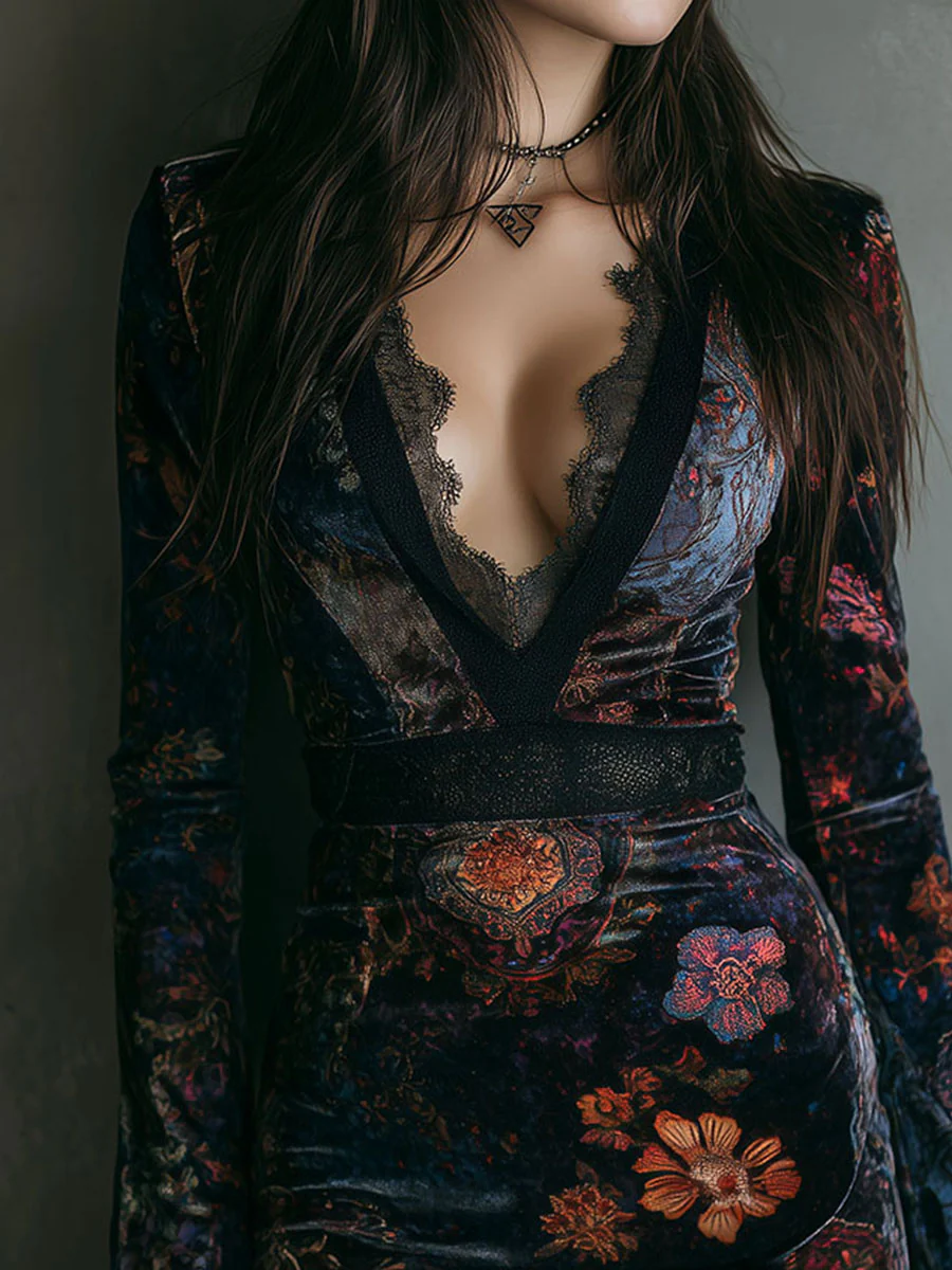 Robe Mini Slim-Fit en Velours avec Imprimé Floral et Dentelle au Col V