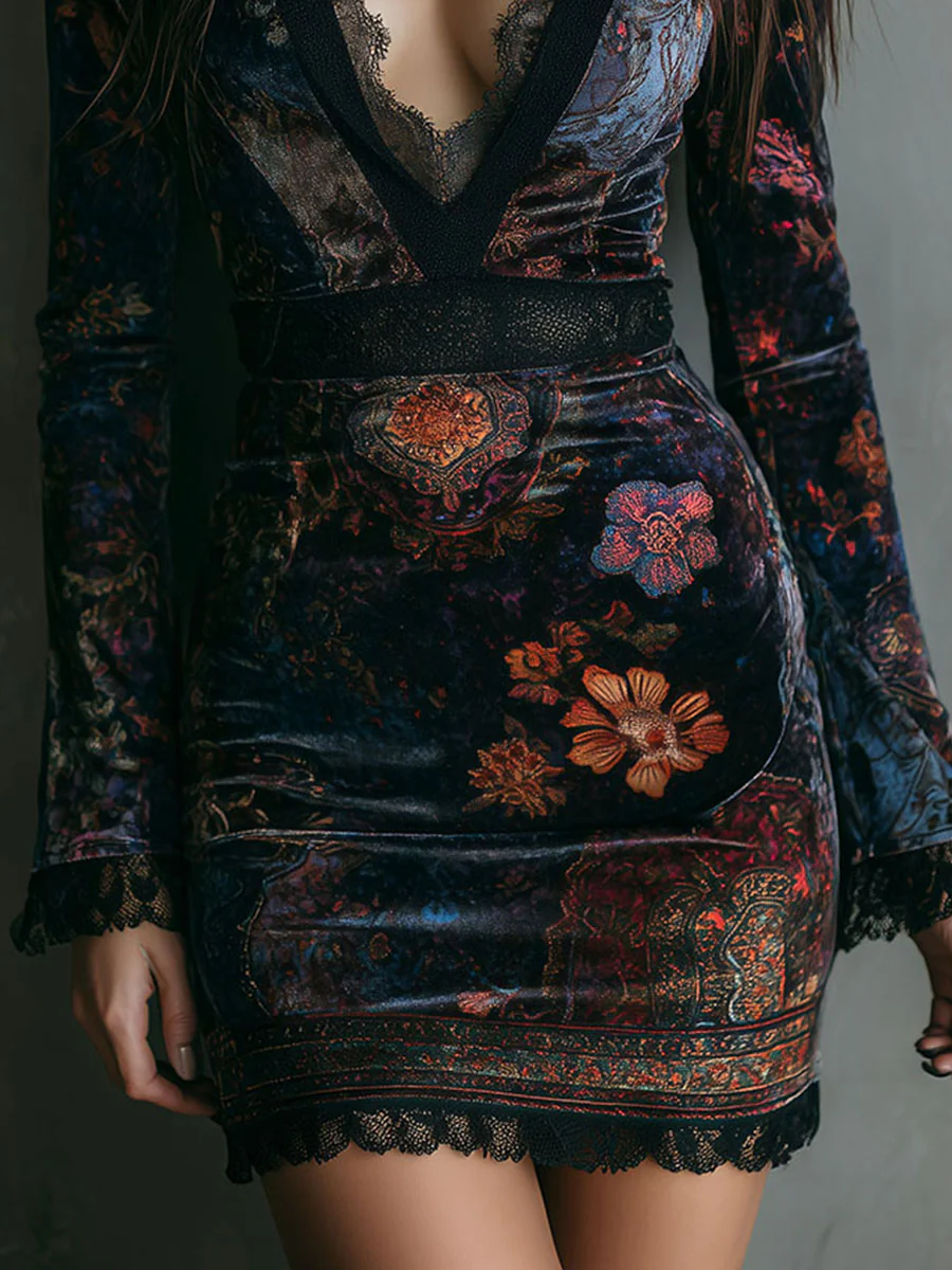 Robe Mini Slim-Fit en Velours avec Imprimé Floral et Dentelle au Col V
