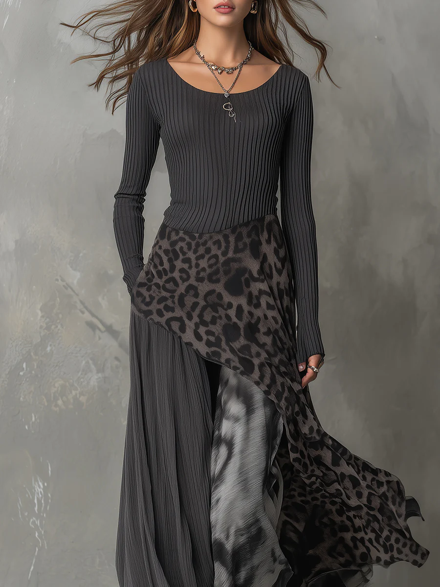 Robe Maxi à Ourlet Asymétrique en Imprimé Léopard avec Rayures Grises
