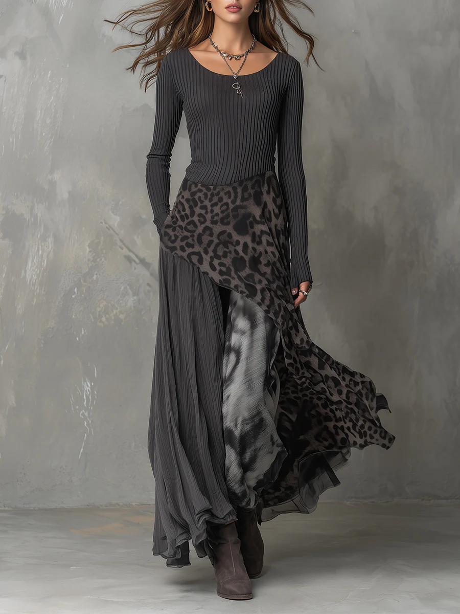 Robe Maxi à Ourlet Asymétrique en Imprimé Léopard avec Rayures Grises
