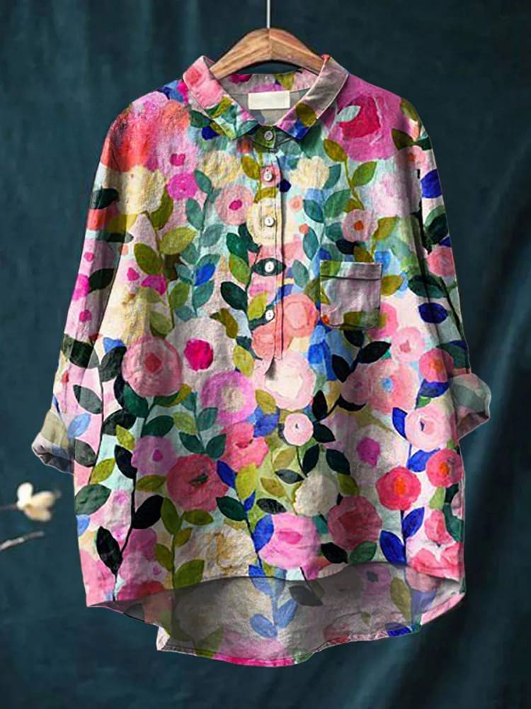Chemise décontractée en lin imprimée de fleurs colorées pour femmes