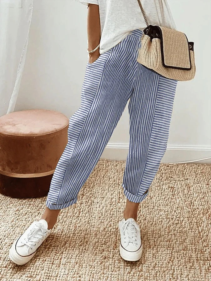 Celia - Pantalon en Coton Rayé Classique