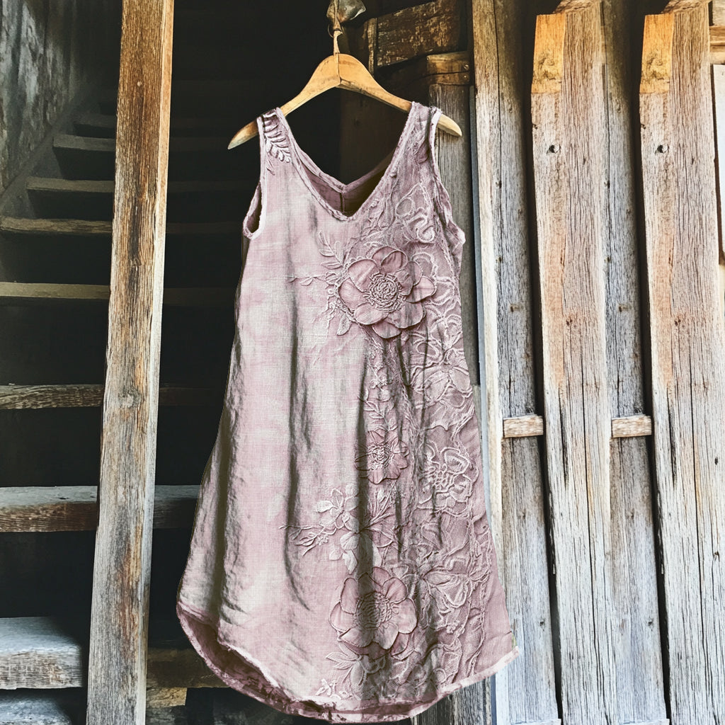 Robe Midi en Lin avec Motif de Fleurs Vintage