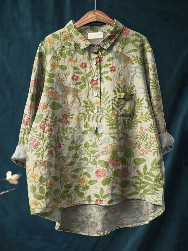 Chemise décontractée en lin avec imprimé floral vintage pour femmes