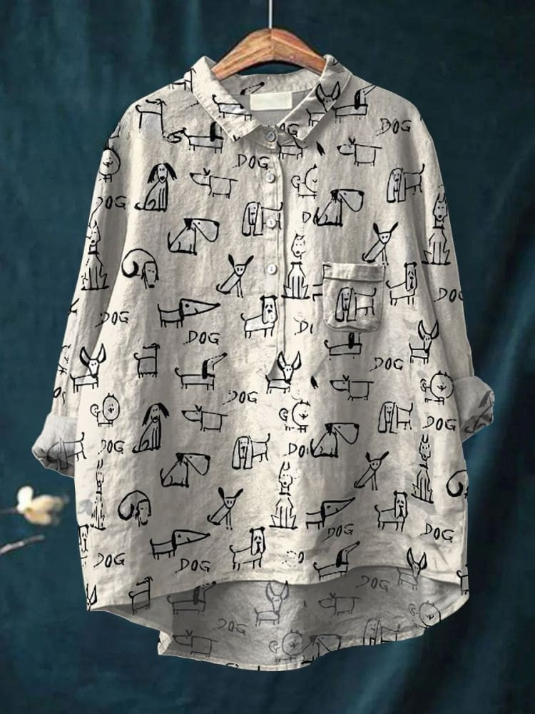Chemise décontractée en lin avec imprimé de chien mignon pour femmes