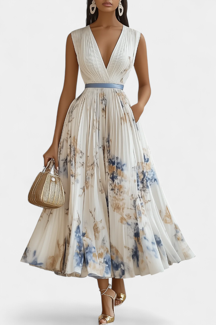 Elise Sleeveless Midi Dress with Floral Print and Pleats