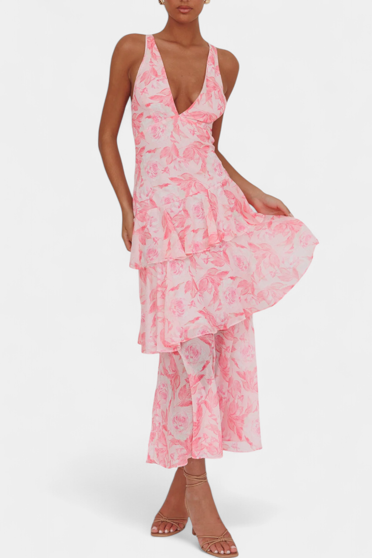 Robe du Dimanche en Georgette avec Décolleté en V et Couches Fluides