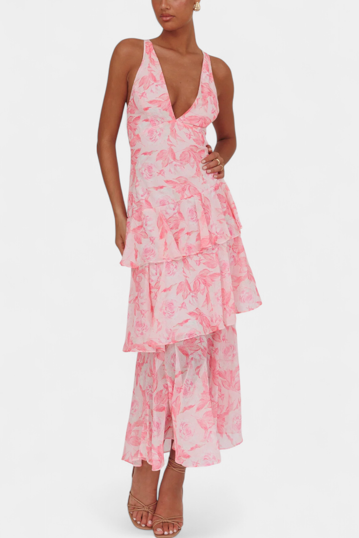 Robe du Dimanche en Georgette avec Décolleté en V et Couches Fluides