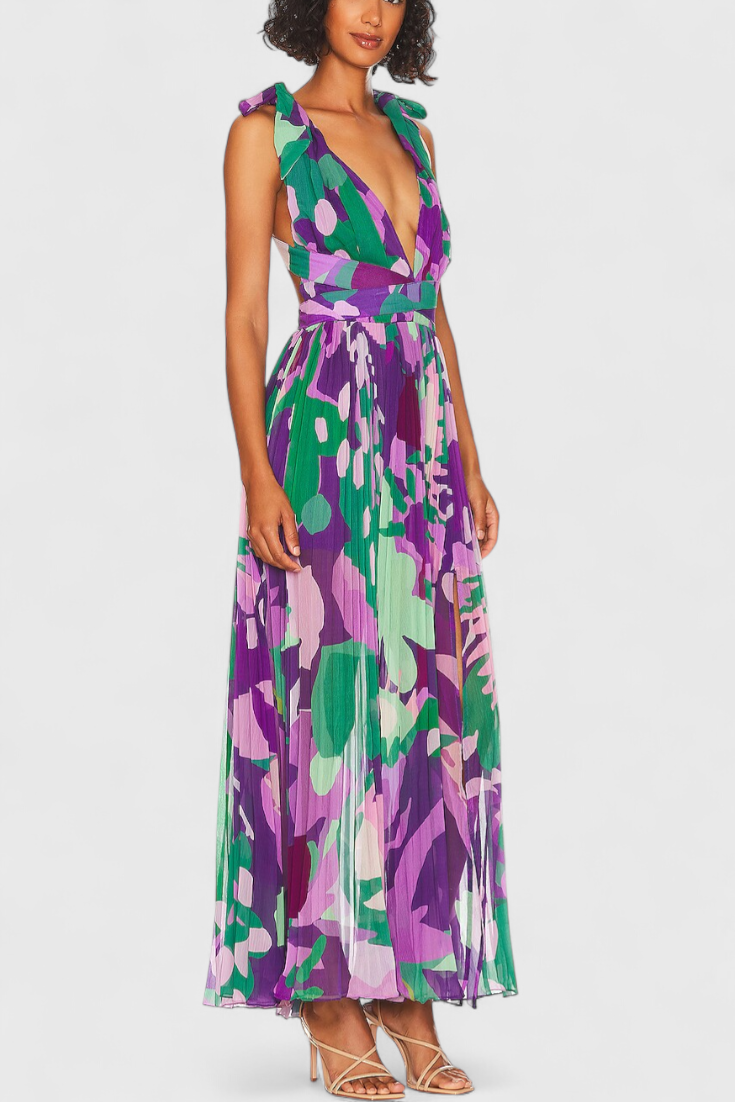 Cecil Pleated Dress with Watercolor Print and Open Back