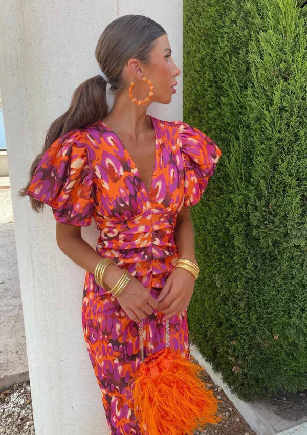 Arielle™ | Robe Midi Colorée pour Femmes avec Manches Plissées