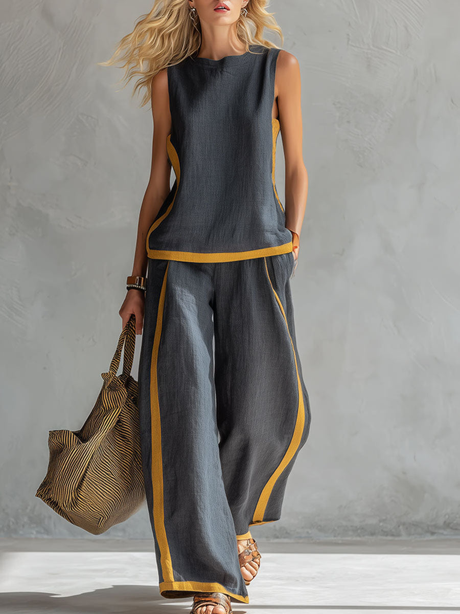 Ensemble en coton et lin pour femmes : top décontracté sans manches à col rond et pantalon large taille haute.