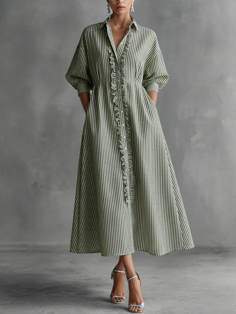 Robe Chemise Rayée Décontractée avec Volants