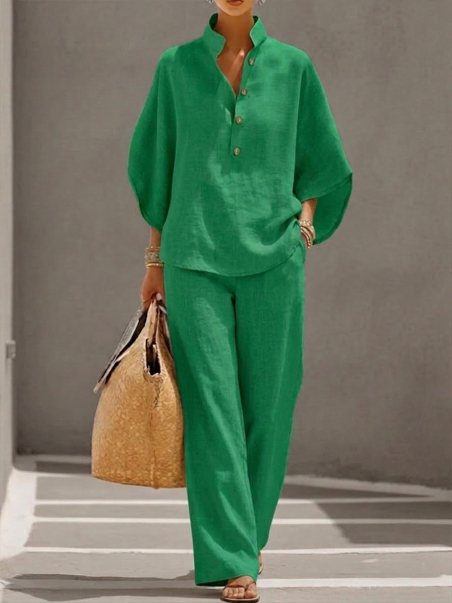 Ensemble Deux Pièces en Lin et Coton à Manches Chauve-Souris pour Femmes – Chemise Décontractée & Pantalon à Jambes Larges