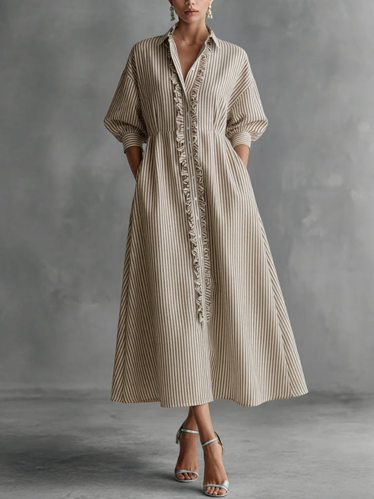 Robe Chemise Rayée Décontractée avec Volants