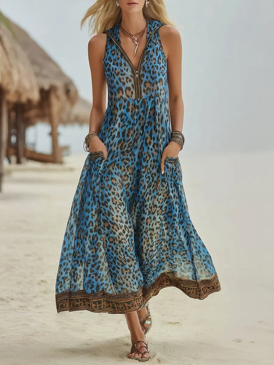 Robe Midi à Capuche Art Imprimé Léopard Vert Casual Retro pour Femmes