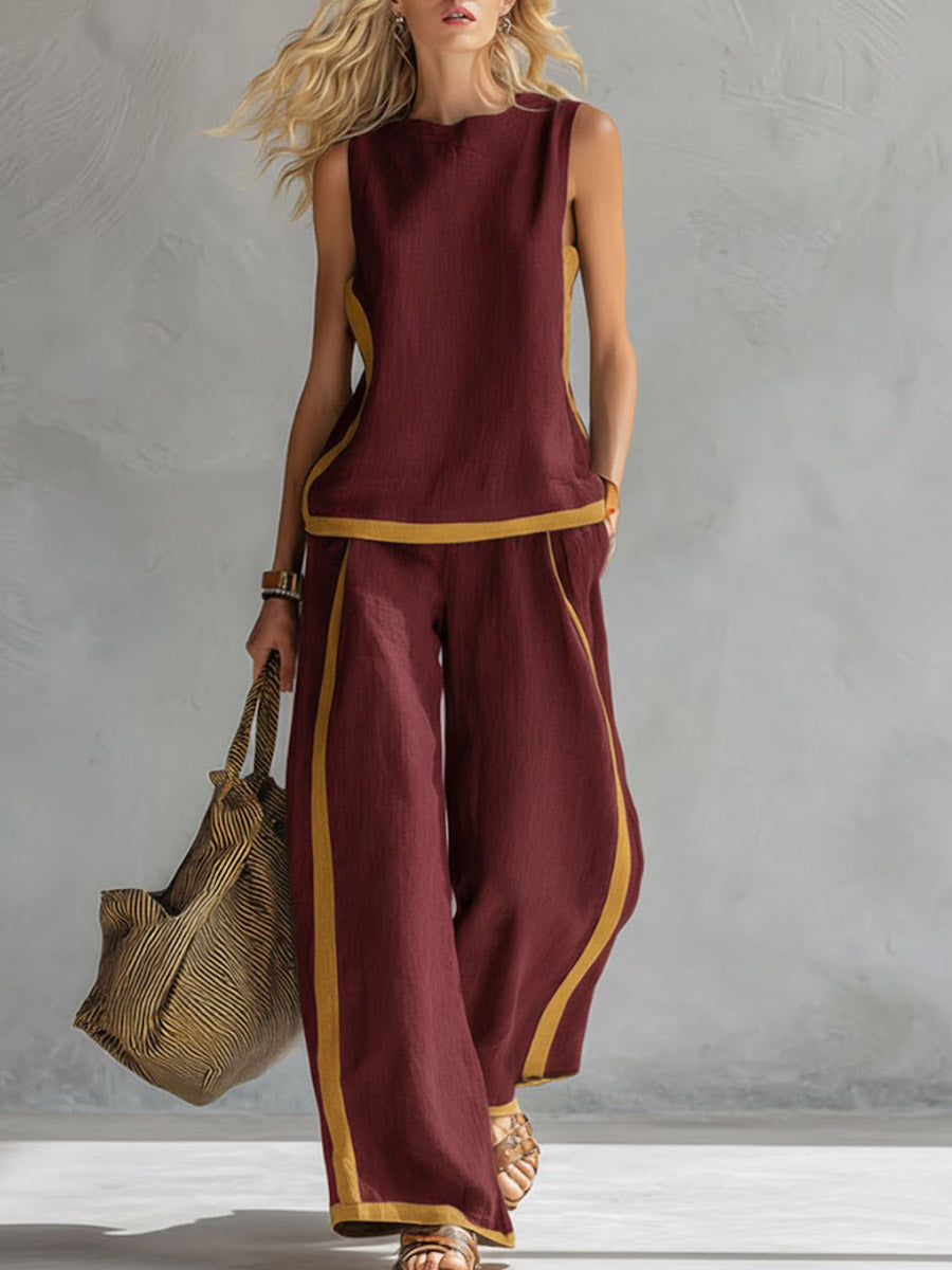 Ensemble en coton et lin pour femmes : top décontracté sans manches à col rond et pantalon large taille haute.
