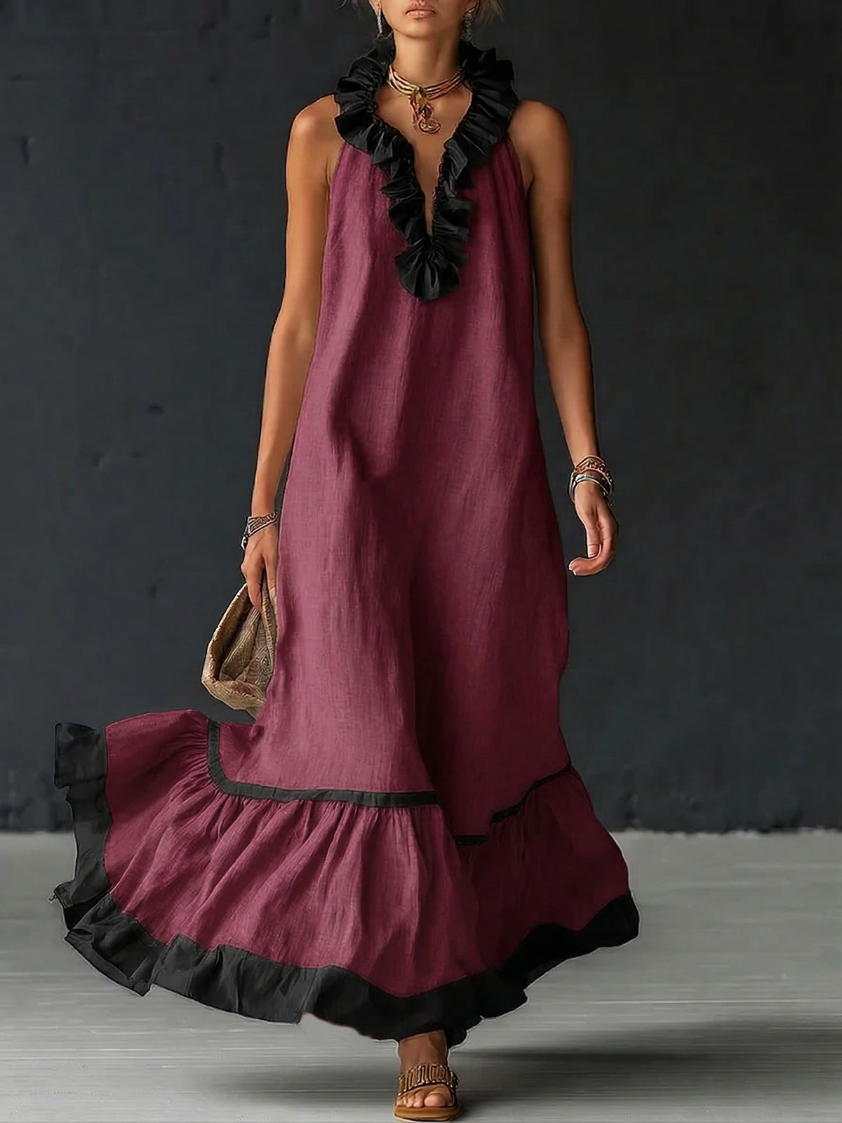 Robe Maxi Élégante et Romantique à Volants en Coloris Bloqués