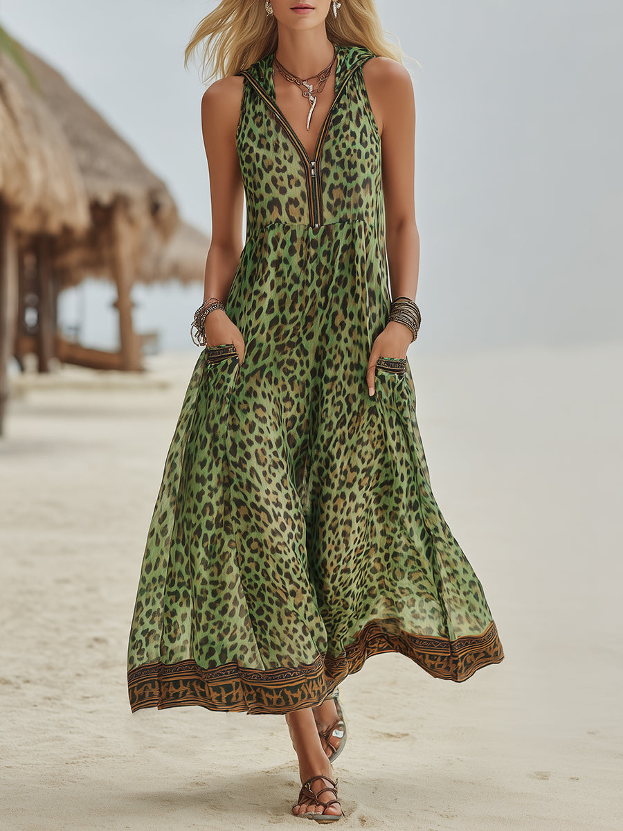 Robe Midi à Capuche Art Imprimé Léopard Vert Casual Retro pour Femmes