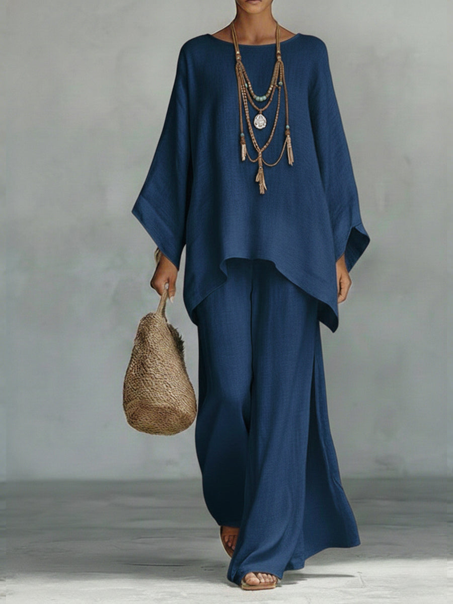 Ensemble deux pièces en lin et coton pour femmes, confortable et ample, avec top et pantalon à jambes larges.