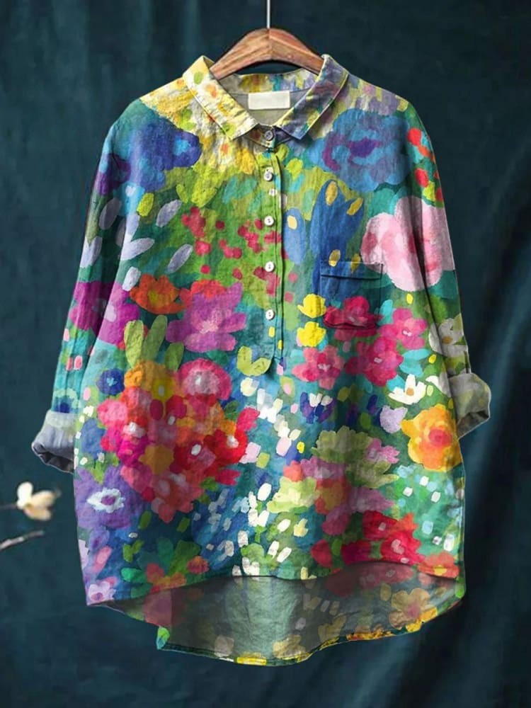 Ladies Vintage Cute Floral Art Print Casual Linen Shirt
