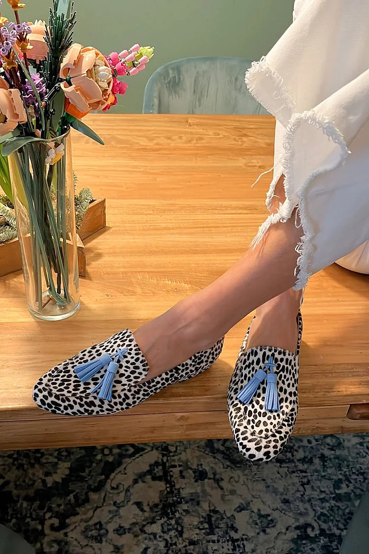 MOCASSINS À POIS AVEC FRANGES BLEUES