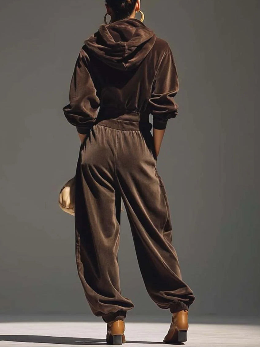 Ensemble de hoodie en velours brun vintage et pantalon ample (comprend une ceinture)