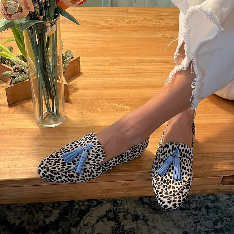 MOCASSINS À POIS AVEC FRANGES BLEUES