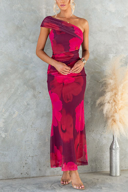Marianne - One Shoulder Floral Print Mesh Bodycon Maxi Dress