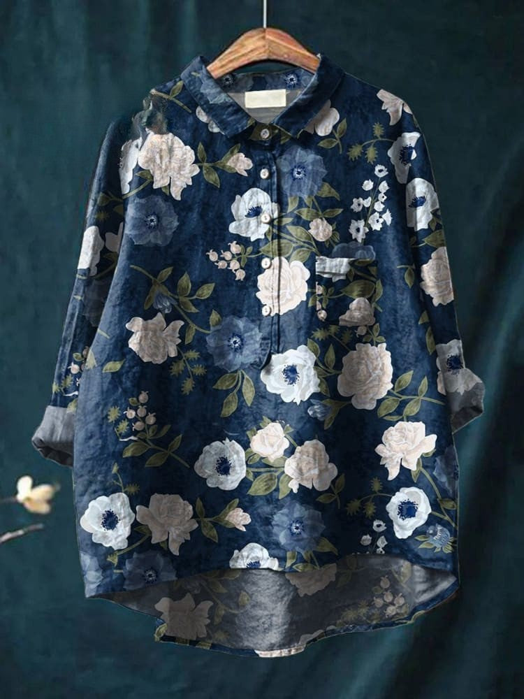 Chemise en Lin Décontractée Imprimé Floral pour Femmes