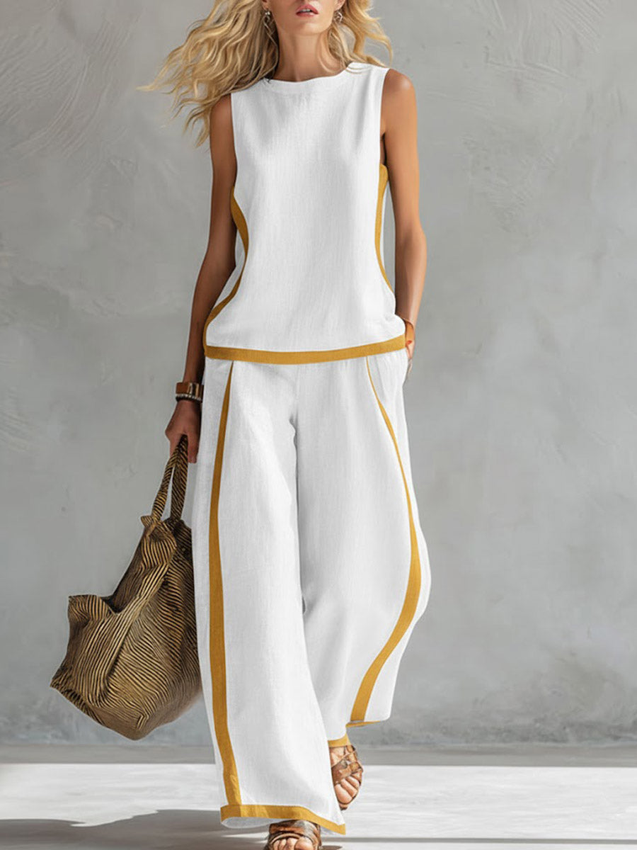 Ensemble en coton et lin pour femmes : top décontracté sans manches à col rond et pantalon large taille haute.