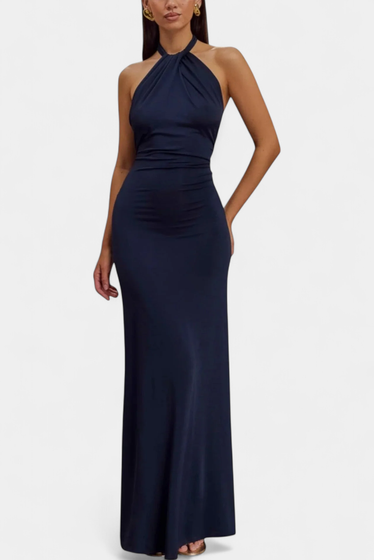 Fitted Halter Trinity Dress with Ruching and Open Back