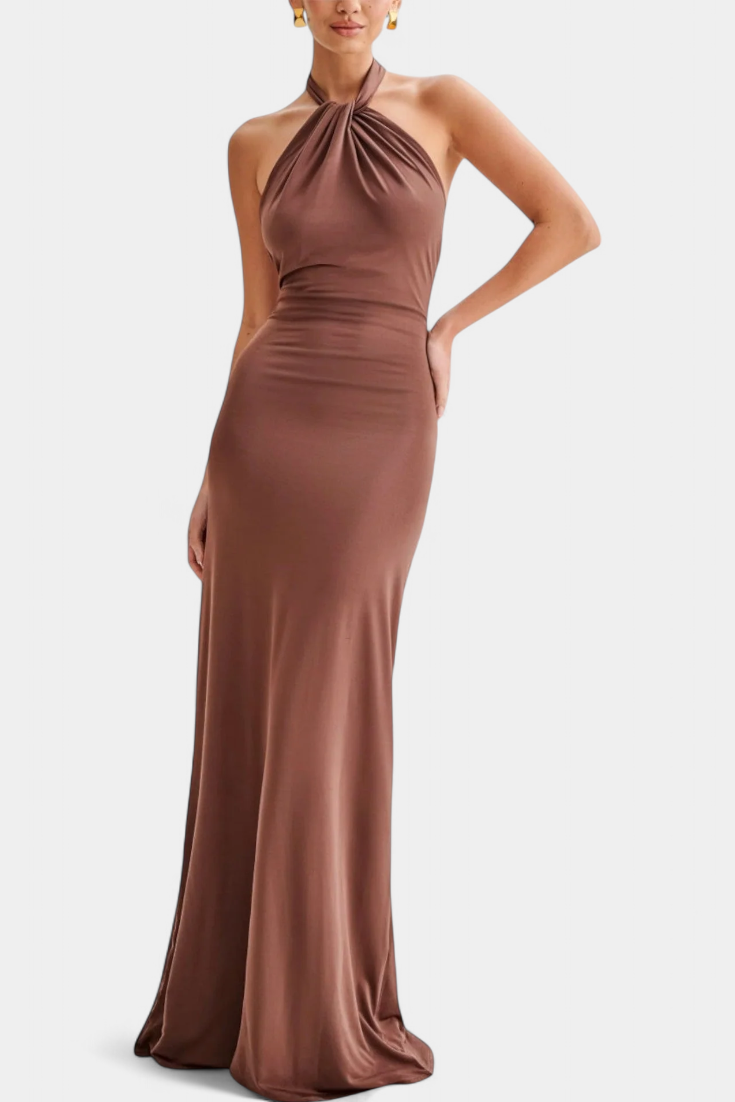 Fitted Halter Trinity Dress with Ruching and Open Back